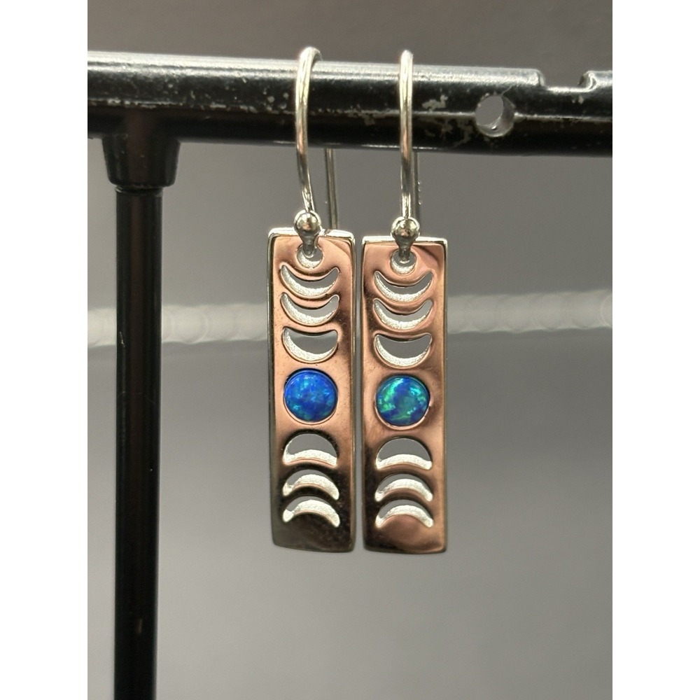 New Condition Sterling Silver Lab Opal Moon Phases Dangle Earrings 925 H20
